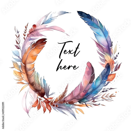 Retro rustic boho feathers frame watercolor for celebration design. Drawing style. Romantic poster. Floral poster, invite.