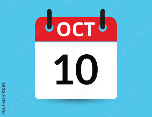 October 10. Flat icon calendar isolated on blue background. Date and month vector illustration