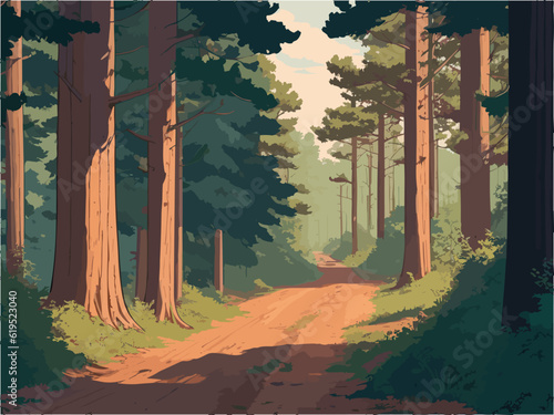 A painting of a road running through a forest flanked by rocks and trees. landscape forest.