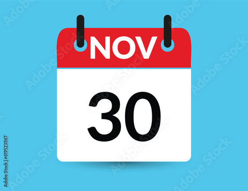 November 30. Flat icon calendar isolated on blue background. Date and month vector illustration