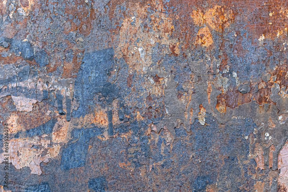 Aged copper plate texture with color patina stains. Old worn metal background. Oxidized metal. Corrosive Rust on old iron.