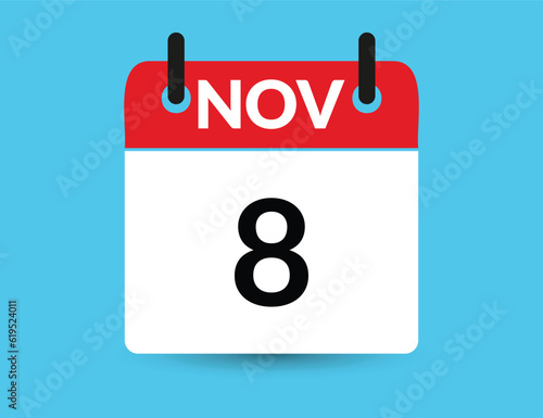 November 8. Flat icon calendar isolated on blue background. Date and month vector illustration