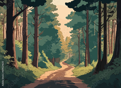 A painting of a road running through a forest flanked by rocks and trees. landscape forest.