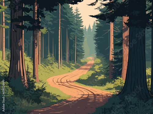 A painting of a road running through a forest flanked by rocks and trees. landscape forest.
