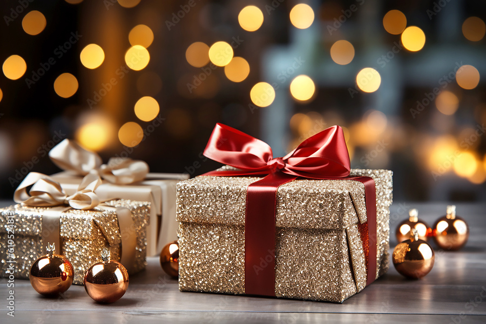 Shiny gift boxes with red bows on the background of bokeh effect. Generative AI Shiny gift boxes with red bows on the background of bokeh effect. Generative AI