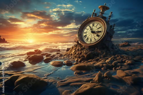 old antique clock on a stone beach on the ocean during sunset. ai generative