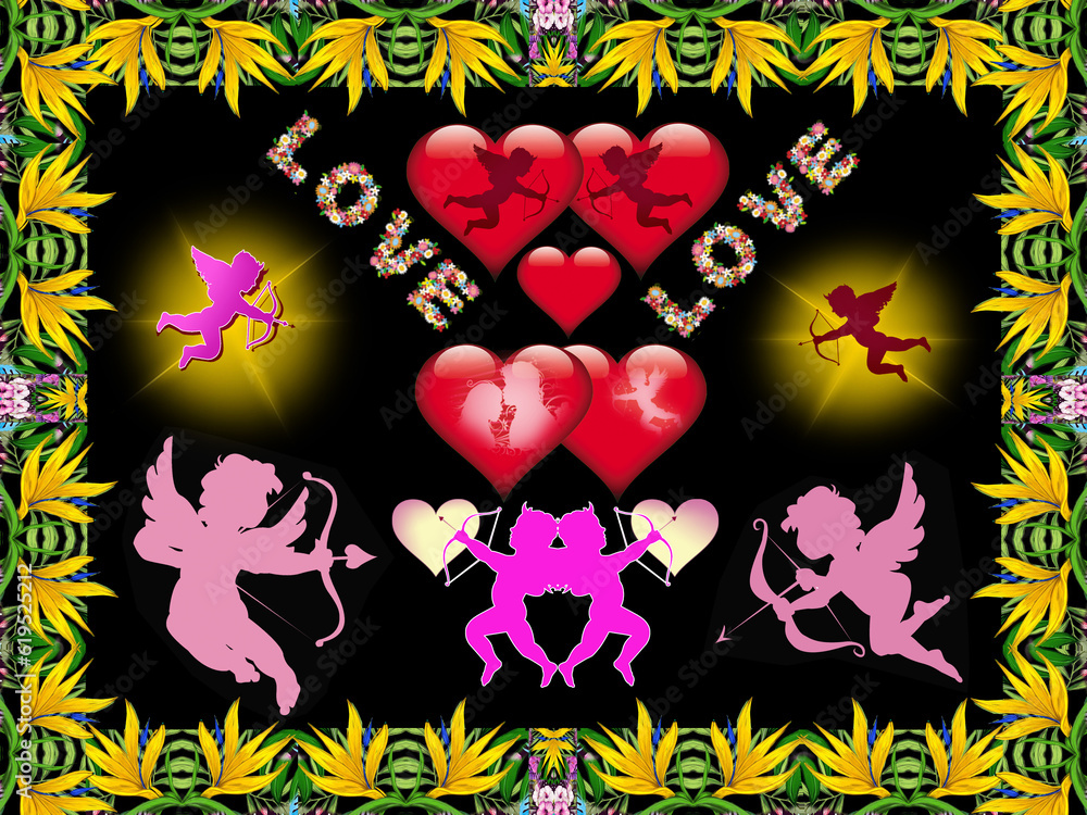 Cupid and hearts on black background in floral frame. c. (9)