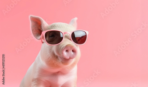 Serious young cool pig wearing sunglasses isolated on solid pink background. Generative AI.
