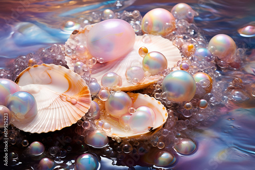 Generative AI. Mermaid core aesthetics. underwater, iridescence, nautical concept. seashells and pearls on water in pearl and blue tones