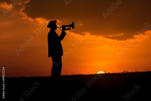 Man trumpet sunset. Generate Ai