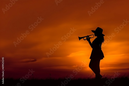 Woman trumpet sunset. Generate Ai