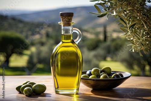 A bottle of extra virgin olive oil with olives in a bowl with olive trees in the background.