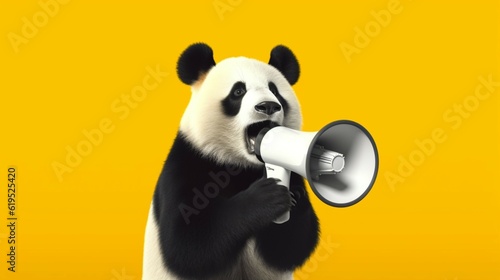 Panda shouting through megaphone isolated on yellow.Generative AI