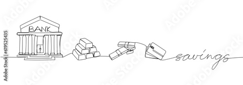Money, savings, gold bars, bank card, banking one line art. Continuous line drawing of bank, financial, payment, data, economic, wealth credit with an inscription, lettering, handwritten.