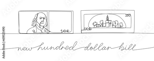 New 100 dollar bill on both sides one line art. Continuous line drawing of bank, money, finance, financial, payment, data, savings, economic, wealth, credit with inscription, lettering, handwritten.