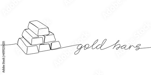 Gold bars, gold reserves one line art. Continuous line drawing of bank, money, finance, financial, payment, data, savings, economic, wealth, credit with an inscription, lettering, handwritten.
