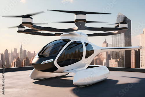 Generative AI. electric vertical takeoff vehicles.futuristic passenger transport. air taxi on roof of building. eco-friendly, sustainable concept.  photo