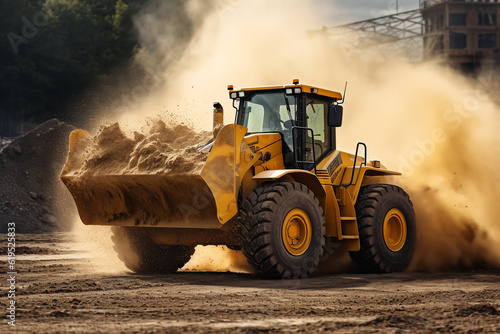 Powerful wheel loader or bulldozer working in a quarry or construction site. earthworks in construction. Powerful modern earthmoving equipment.ai generative photo