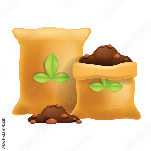 3D fertilizer bag icon, vector flower soil, garden dirt illustration, ecological ground mineral NPK. Organic hummus plant earth compost, manure agriculture cultivation concept. Farm fertilizer bag