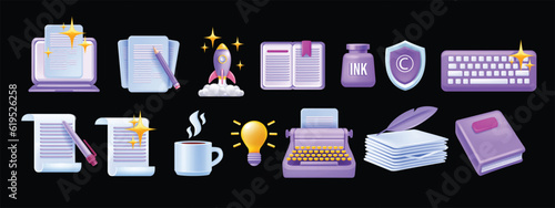 3D write author icon set, vector laptop article, creative story content sign, book paper document. Literature poetry concept, digital education translate grammar clipart, typewriter. Write icon kit