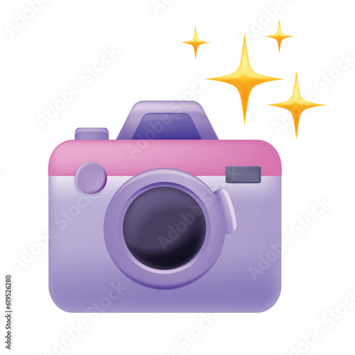 3D camera icon, vector photo gadget clipart, cartoon hobby photocamera symbol, flash star, lens. Creative cartoon video shoot object, purple fashion design, shutter. Professional 3D DSL camera toy