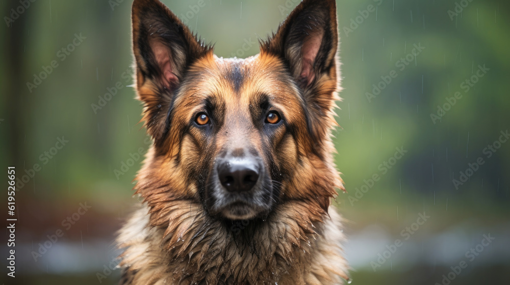 german shepherd dog portrait on rain