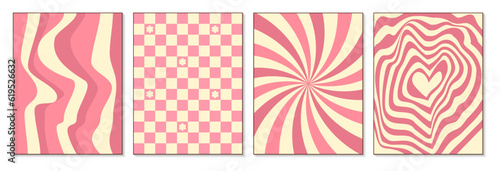 Groovy retro 70s backgrounds in pink colors. Checkerboard, waves patterns, swirl. Vector posters with heart, lines, squares in groovy style. Y2k aesthetic.