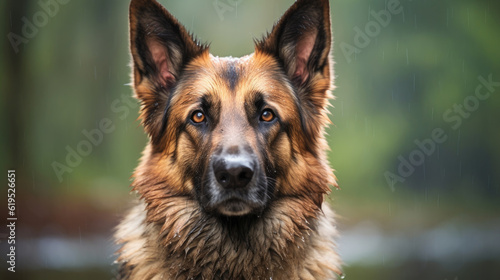 german shepherd dog portrait on rain