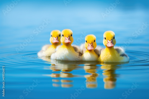 group of ducklings or young ducks swimming on water