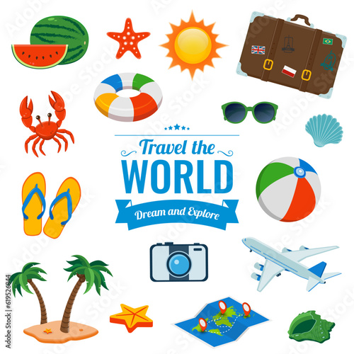 Travel icons in colorful cartoon style. Vector