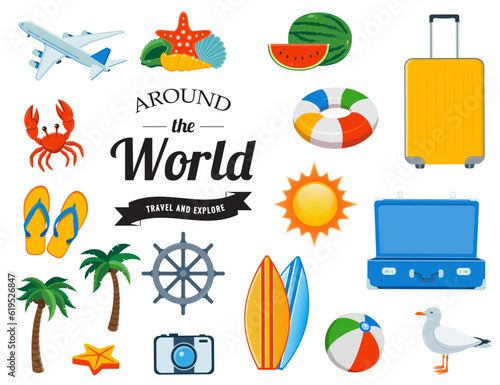 Travel icons in colorful cartoon style. Vector