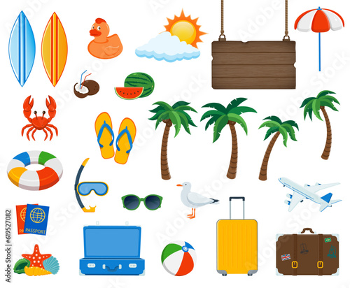 Travel icons in colorful cartoon style. Vector