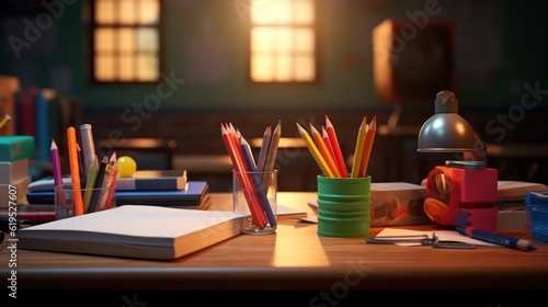 Office table with notepad, pencils and other supplies