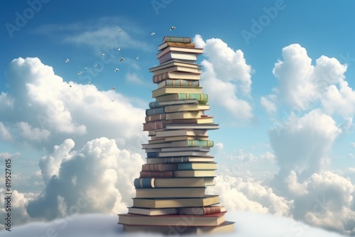 Pile of books against blue sky with white clouds