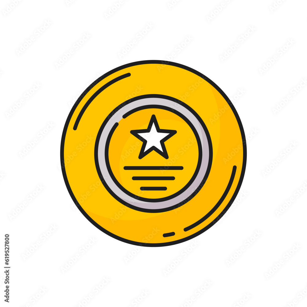 Round plate with star golden line award trophy icon. Vector medal plaque, celebration and recognition champion achievement trophy, motivation prize Round plate with star golden line award trophy icon. Vector medal plaque, celebration and recognition champion achievement trophy, motivation prize