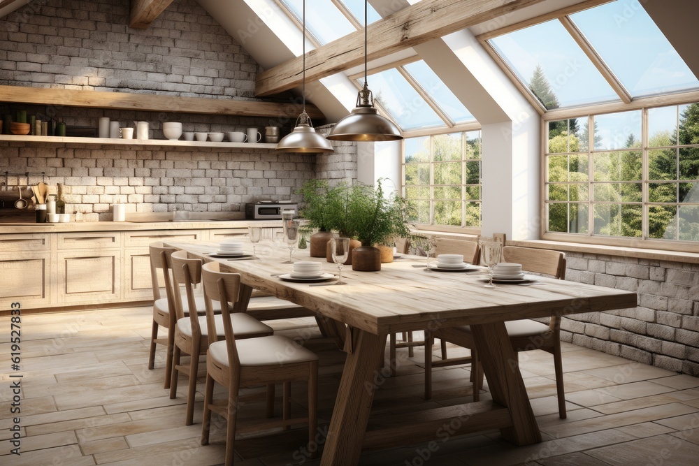 Scandinavian vintage kitchen with dining table, Dining Room and Kitchen Luxury Home.