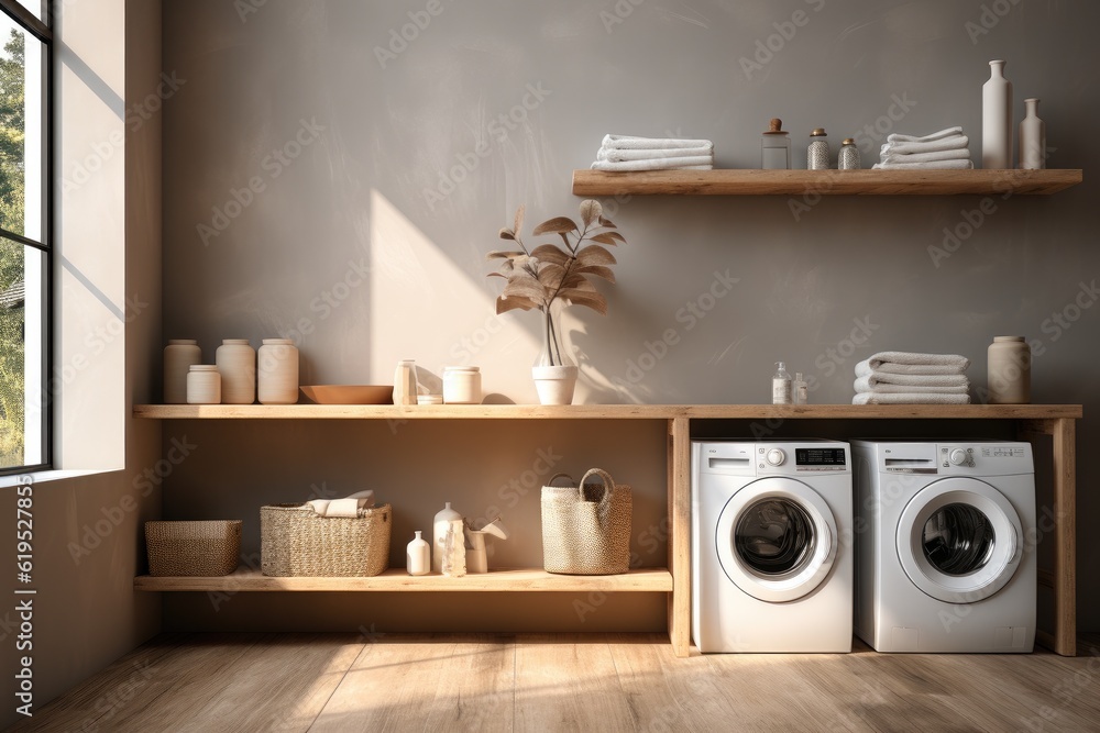 Wood minimal laundry room with plant, Laundry room interior. Wood minimal laundry room with plant, Laundry room interior.