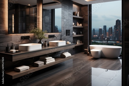 Luxury modern design bathroom  Bathroom interior with double sink and mirror  bathtub  Bathing accessories and window in hotel studio.