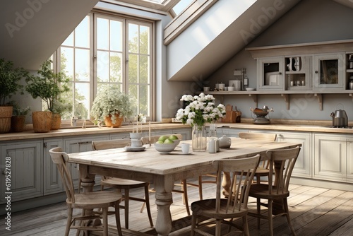 Scandinavian vintage kitchen with dining table, Dining Room and Kitchen Luxury Home. © visoot