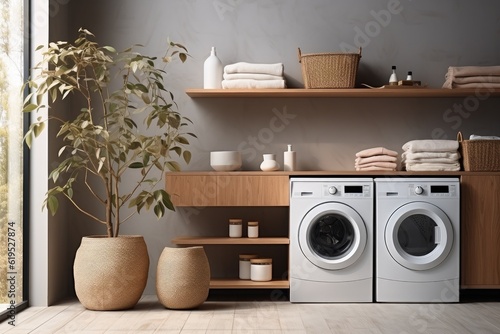 Wood minimal laundry room with plant, Laundry room interior. © visoot