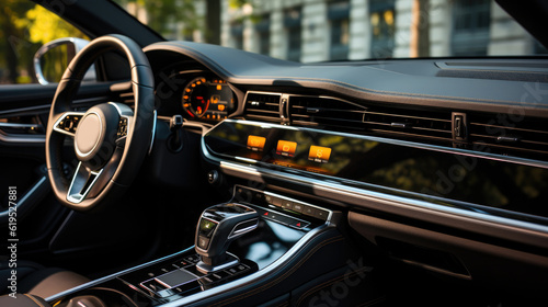 The interior of a prestigious modern carม Front seats with steering wheel, dashboard and display.