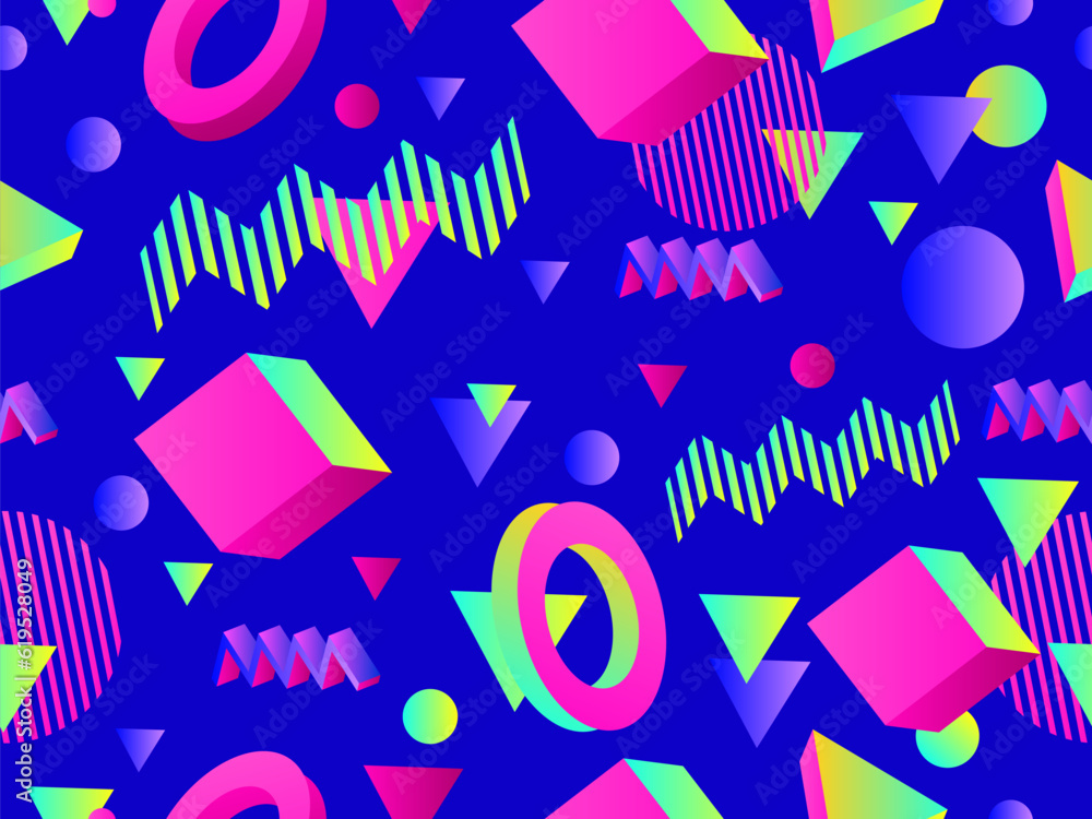 3D geometric seamless pattern in 80s style. 3d isometric shapes with gradient colors. Geometric memphis style. Design for promotional products, wrapping paper and printing. Vector illustration 3D geometric seamless pattern in 80s style. 3d isometric shapes with gradient colors. Geometric memphis style. Design for promotional products, wrapping paper and printing. Vector illustration