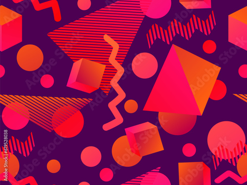 Seamless pattern with geometric 3d shapes in 80s style. Gradient 3d shapes in isometric style. Geometric memphis style. Design for wallpaper, wrapping paper and printing. Vector illustration