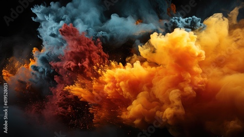 Black and yellow powder explosion, Colored cloud, Black dust explode, Paint Holi, Bomb smoke background, Smoke caused by explosions.