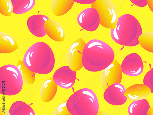 Seamless pattern with peaches and lemons. Summer exotic fruit mix of peaches and lemons with gradient colors in 3d style. Design for banners, posters and promotional materials. Vector illustration
