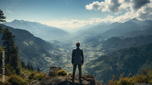 Businessman on top of mountain, competition and leadership concept.