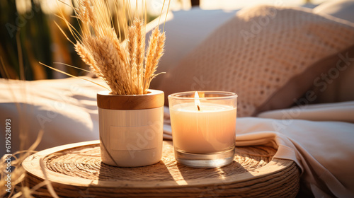 Candle with blank label on a wooden table, Elegant home decoration with burning candle.