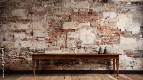 Old wooden table and brick wall. Empty wooden table with old brick wall background, Product display template. © visoot