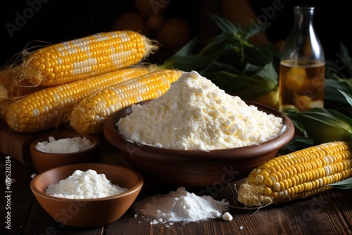 Flour and grits corn, Natural organic corn grits and cobs on the wooden table.