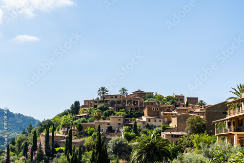 Village Deia in Mallorca, Spain. Houses in terraces surrounded by green trees photo